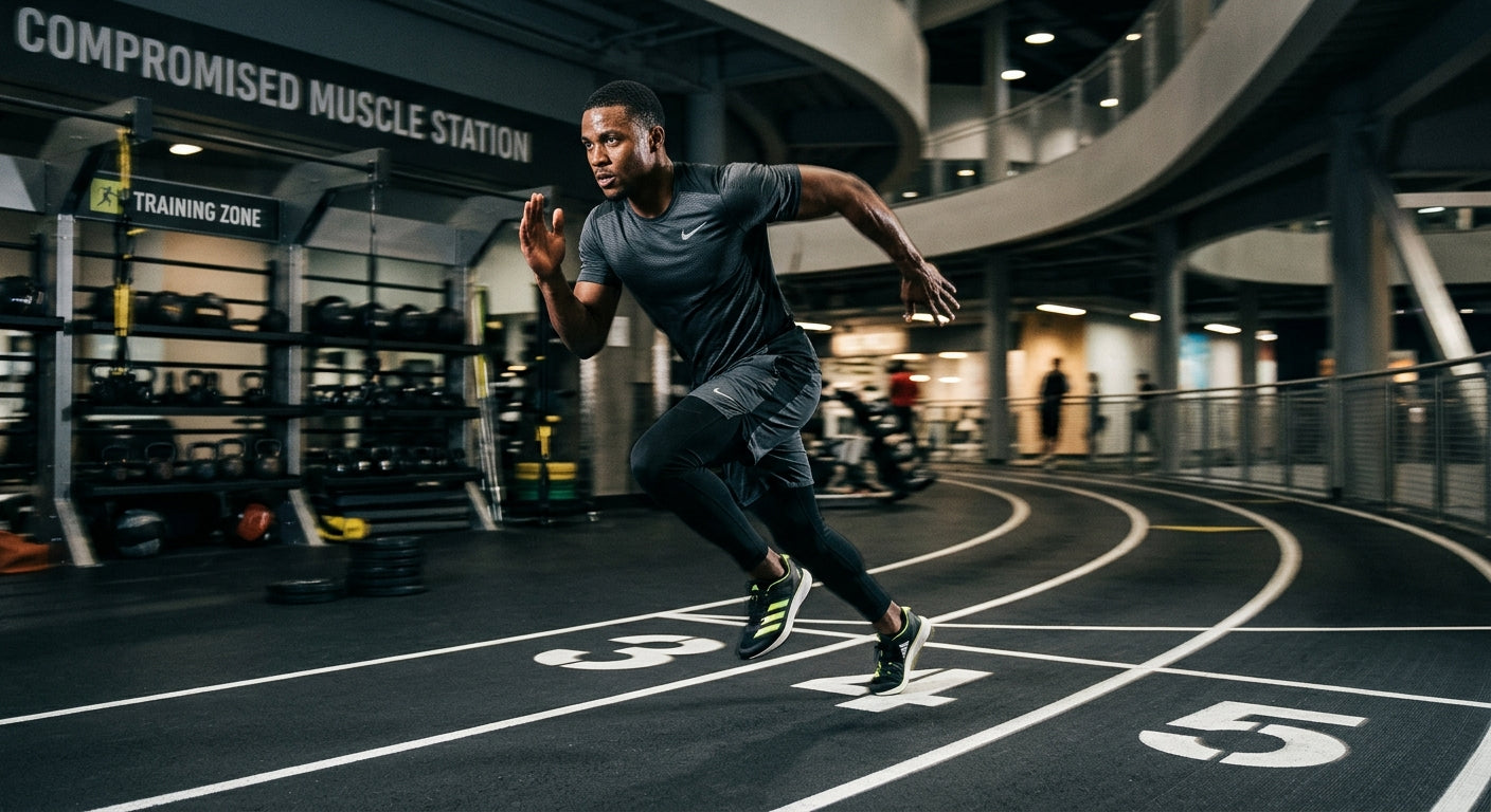 Fitness enthusiast running on an indoor track after a compromised muscle station, showcasing running motion blur and sharp fine details in a moody high-speed action shot.