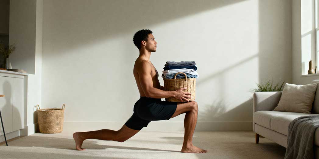 An athlete performing a functional lunge while holding a laundry basket in a bright living room.