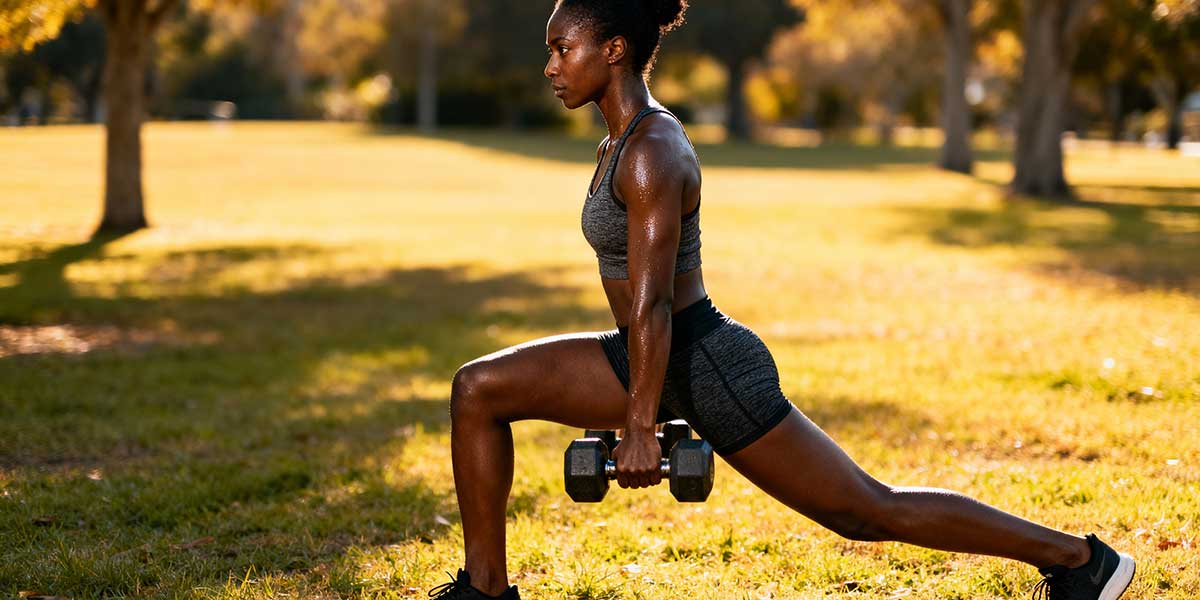 A full length action photo of a woman performing functional strength exercises outdoors.