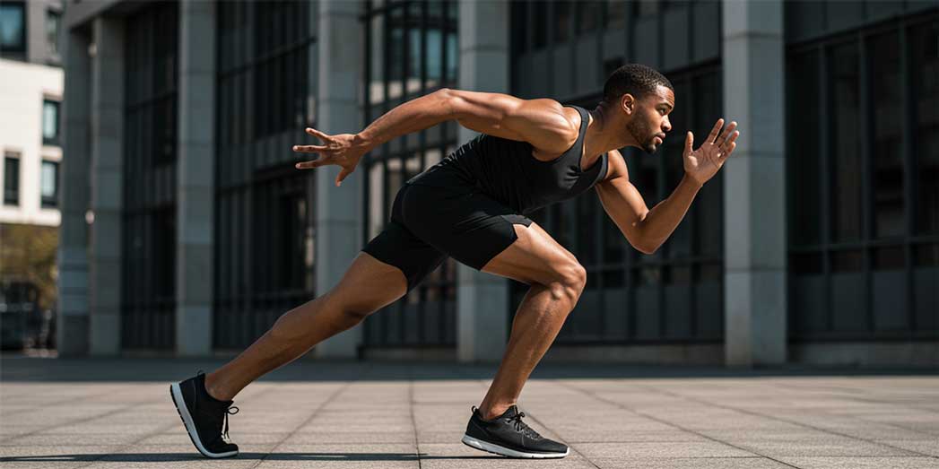 A male runner in a standing start position showing the engagement of the posterior chain muscles.
