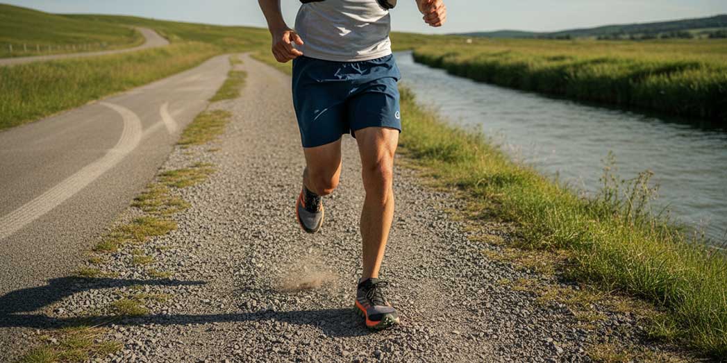 An athlete running on a light gravel path by a canal wearing hybrid trainers designed for both road and trail surfaces.