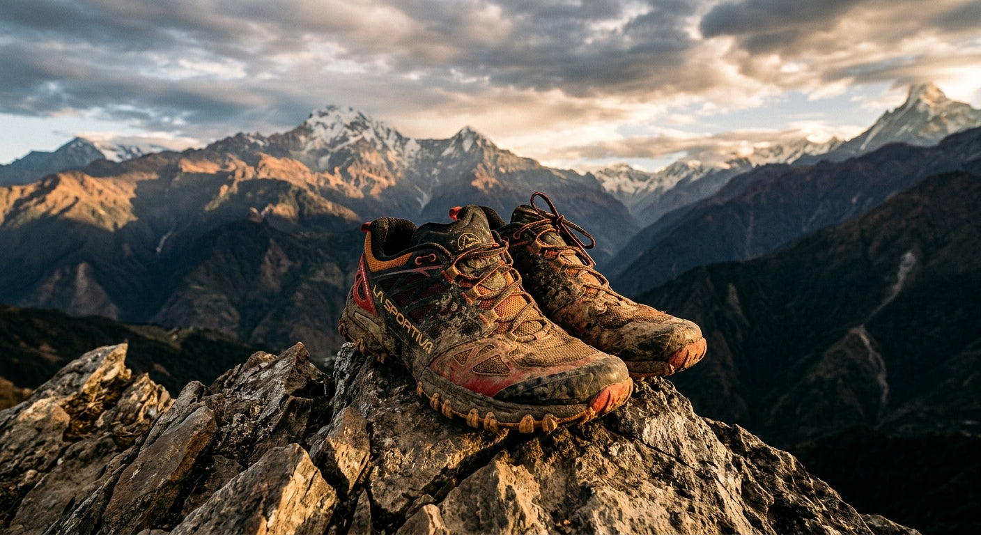 High-contrast, cinematic lighting showing a pair of rugged trail running shoes covered in mud and dust resting on a sharp mountain peak.