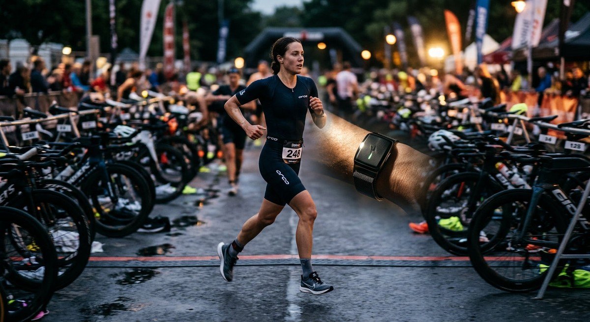 High-speed action photo of a runner in a triathlon transition area, with dramatic lighting emphasising the sleek design of the wearable biosensor.