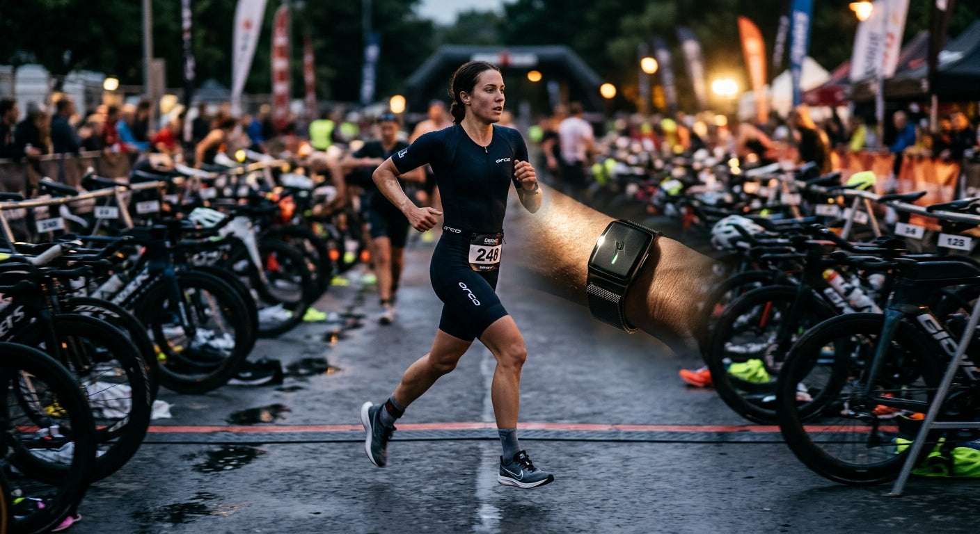High-speed action photo of a runner in a triathlon transition area, with dramatic lighting emphasising the sleek design of the wearable biosensor.