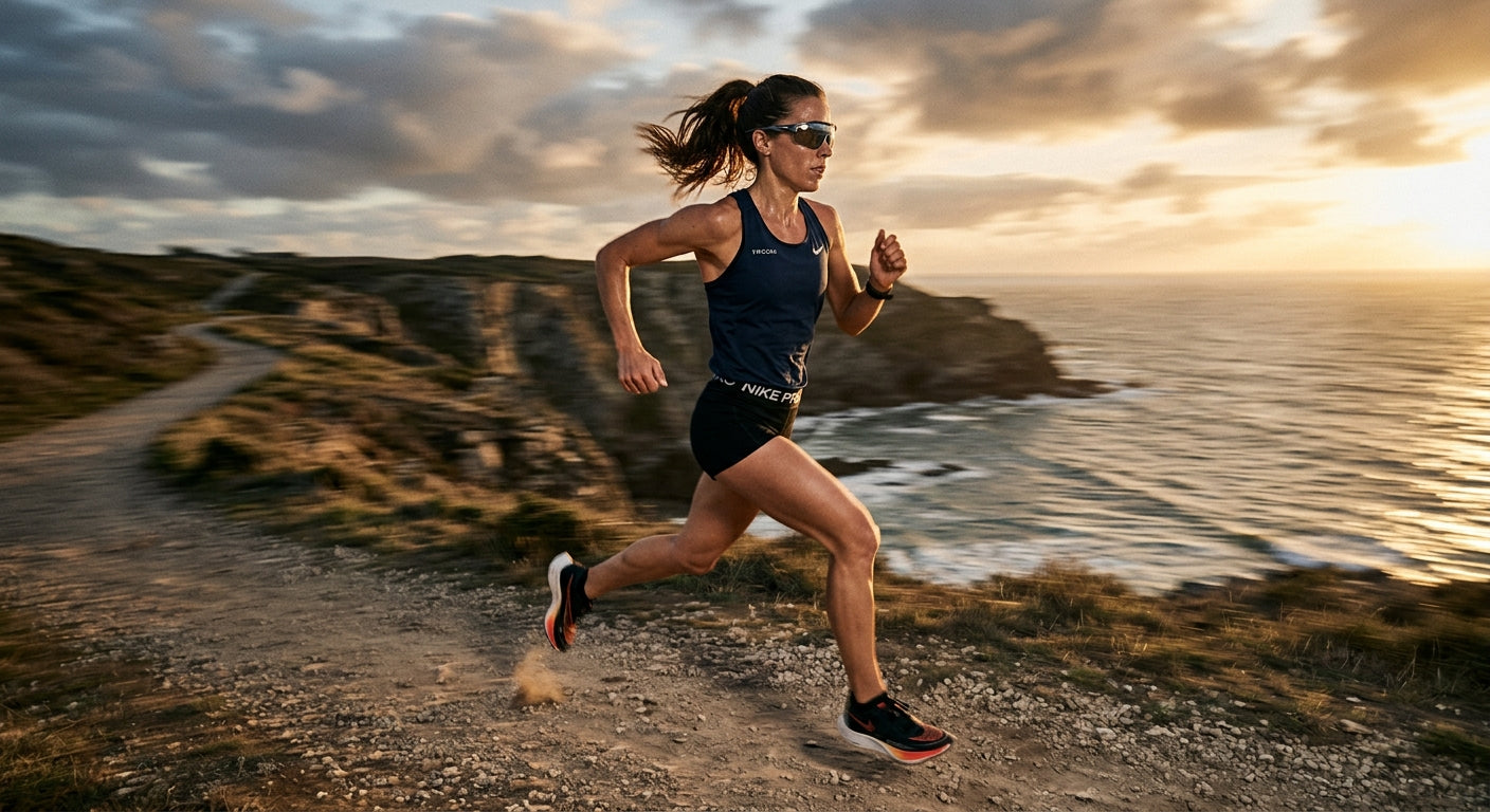 High-speed action photography of a runner using Nike Vision Prima Arc eyewear, showcasing the sleek design and aerodynamic profile under cinematic lighting.