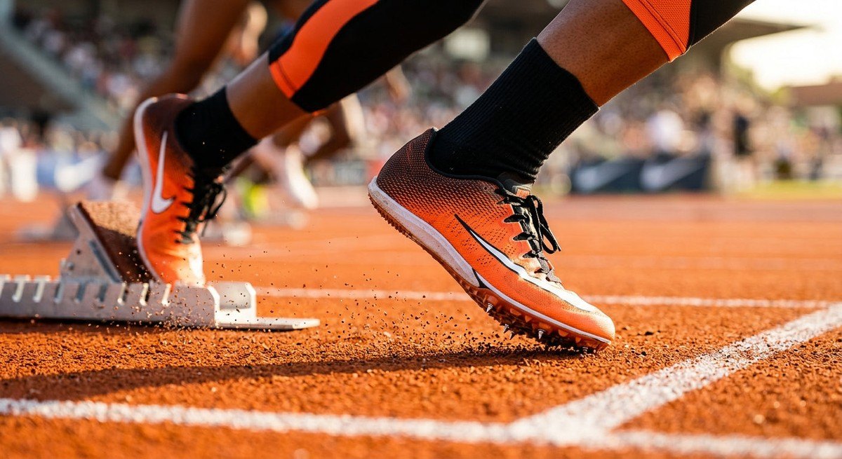 High-speed action photography of an athlete's feet wearing competitive spikes, showing motion blur and sharp texture details on the track surface.