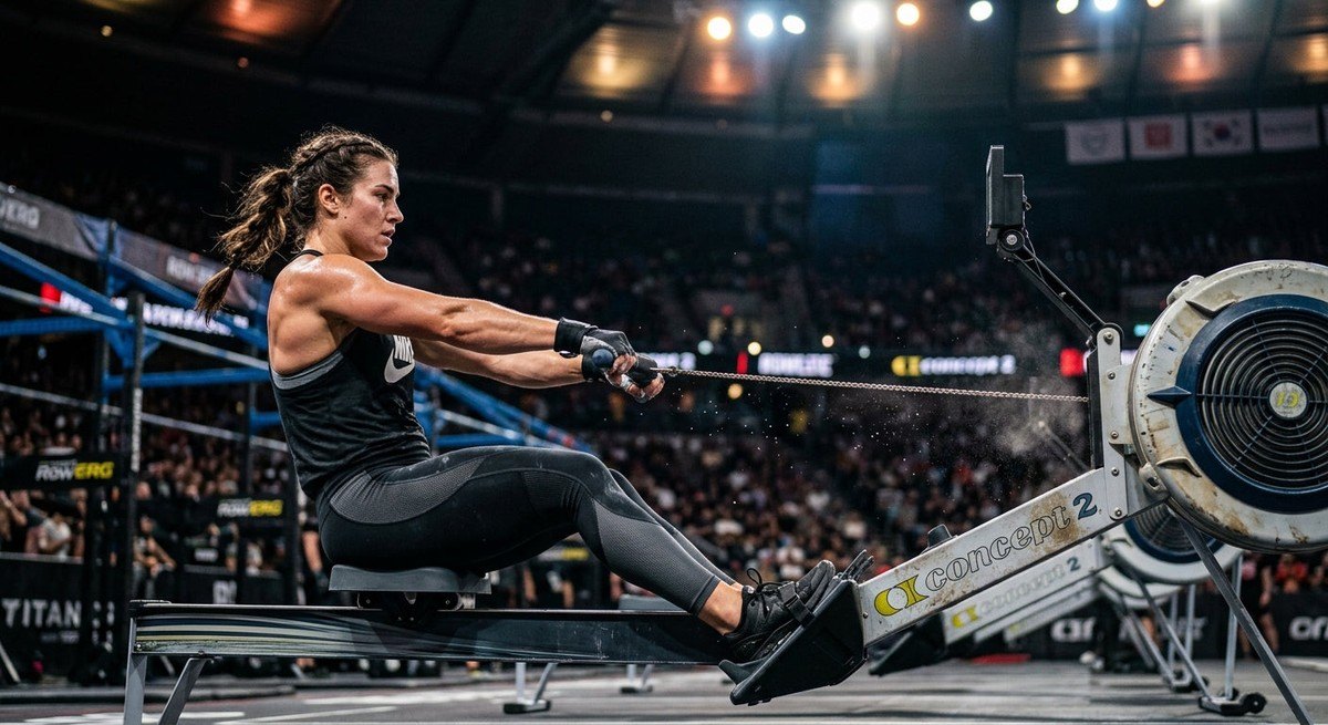 High-speed action shot of a fitness competitor executing a drive phase on a rowing machine, highlighting the realistic texture of the equipment and dramatic stadium lighting.