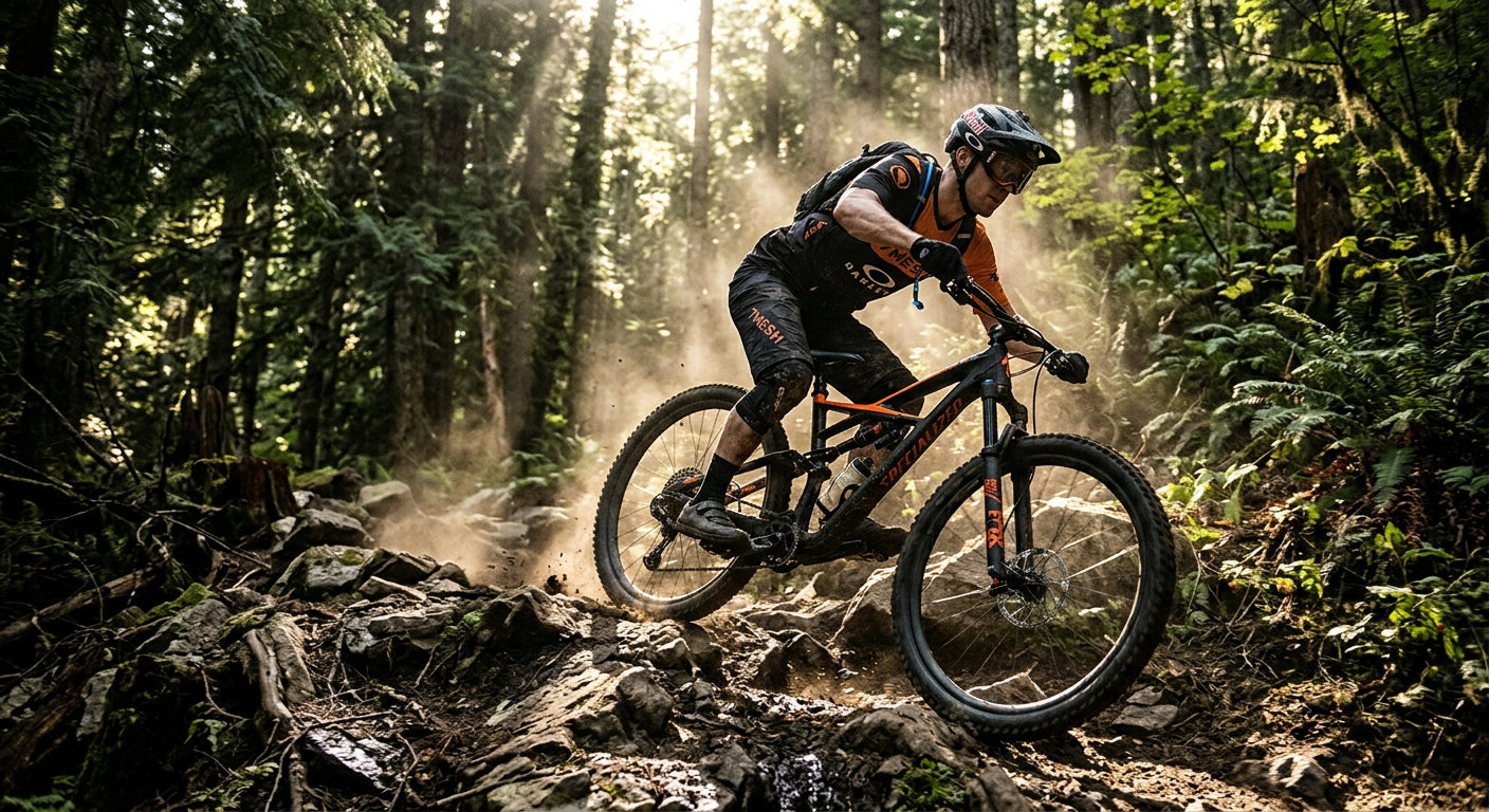 High-speed action shot of a mountain biker navigating a technical rocky trail, with sunlight filtering through the trees to create a high-contrast atmosphere.