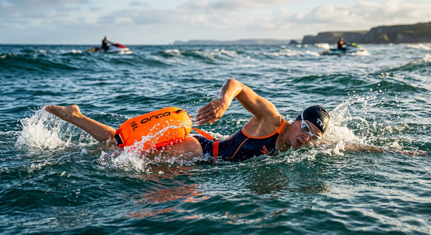 High-speed action shot of a swimmer using a high-visibility buoy during a sea training session, demonstrating perfect body alignment.