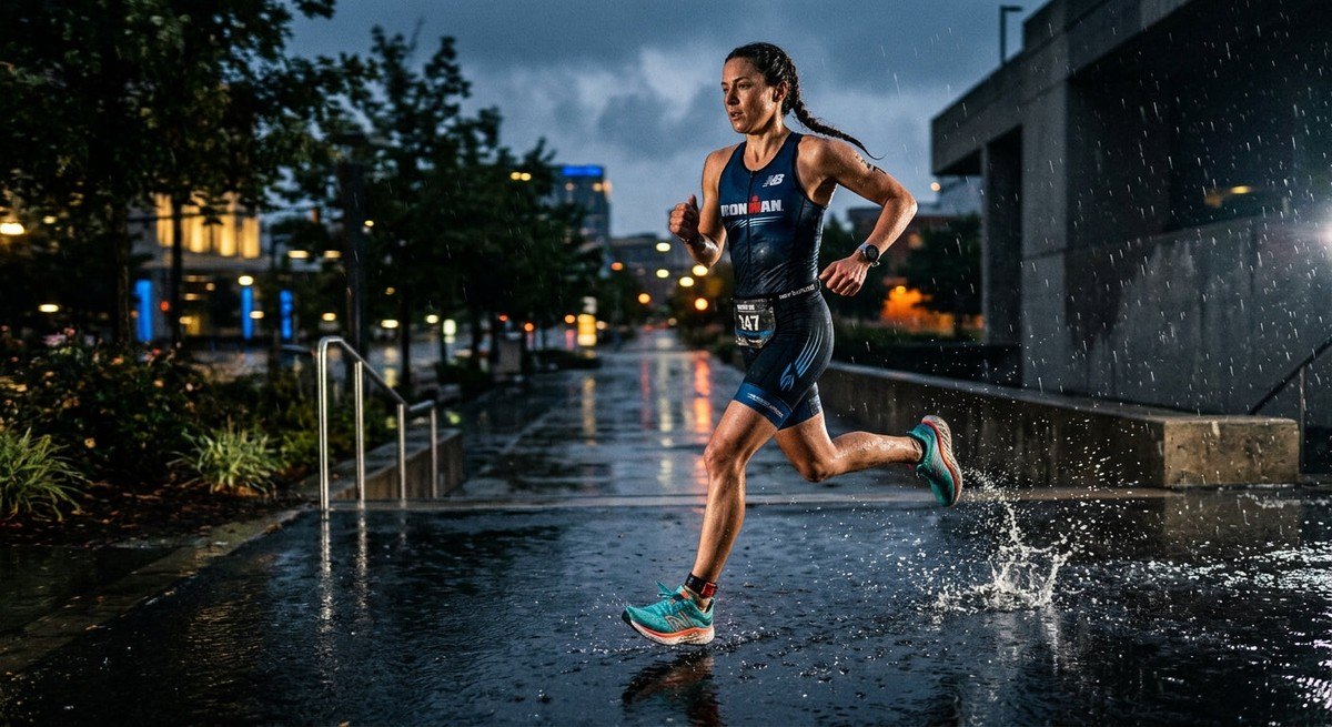 High-speed action shot of a triathlete running in New Balance 1080 V16 shoes during a rainy dawn session with dramatic contrast.