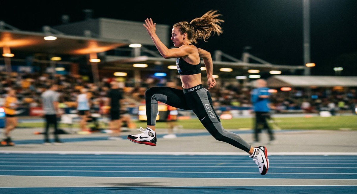 High-speed action shot of an athlete wearing the Nike Air Zoom Huarache 2K4 in mid-air with a motion blur background and cinematic lighting.