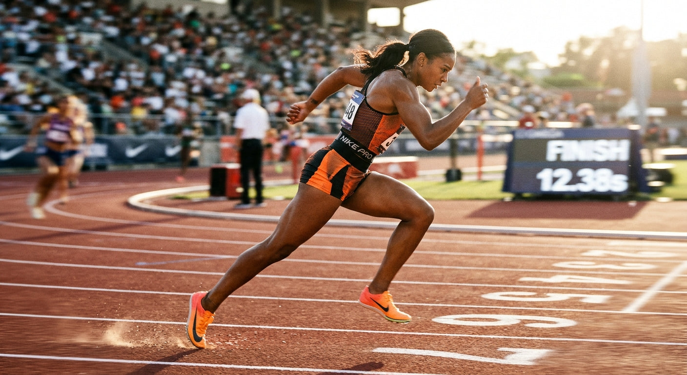 High-speed athletic action photography of a runner in a split shorts and mesh singlet sprinting on a hot track with running motion blur and sharp textures