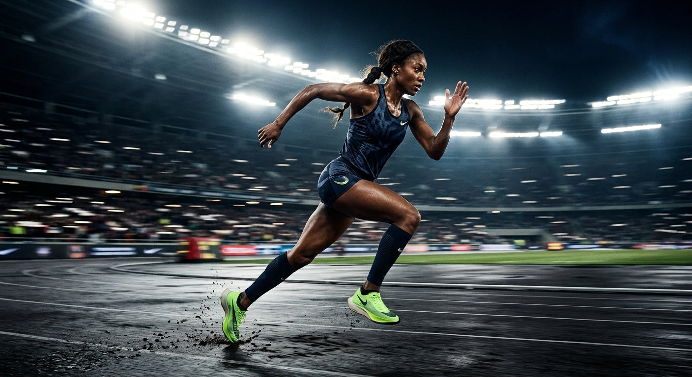 High-speed photography of a runner mid-stride with dramatic stadium lighting and motion blur.