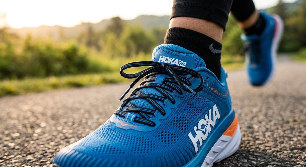 A close-up view of the Hoka Bondi 10 engineered mesh upper and lacing system, highlighting the premium materials and breathable design.