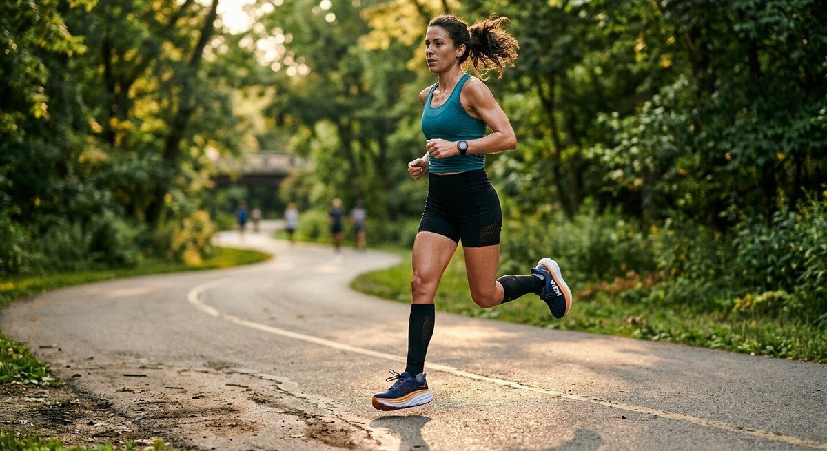 The Hoka Bondi 10 being tested on a paved running path, demonstrating its stable wide-base design and refined rocker geometry.