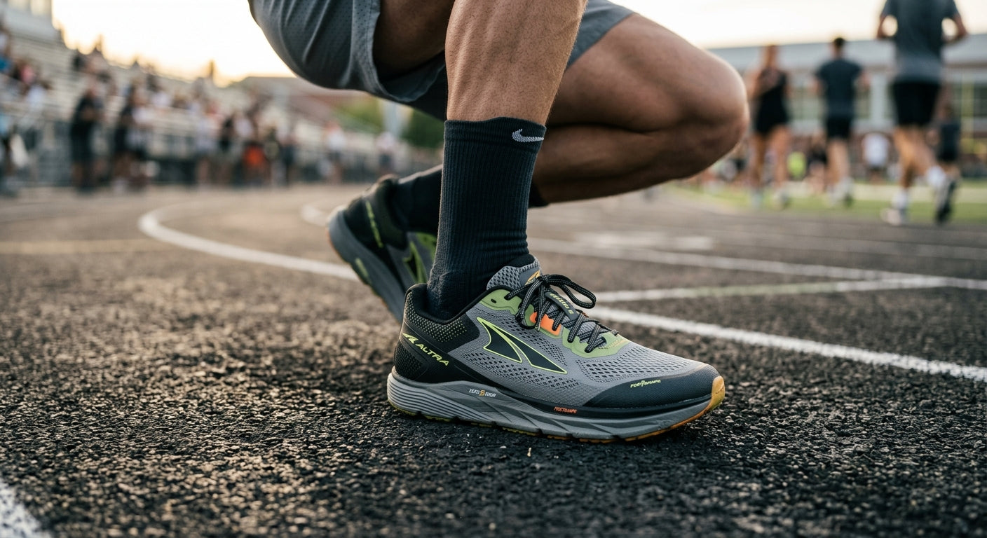 Close-up of the Altra Torin 9 wide toe box design, highlighting the foot-shaped construction.