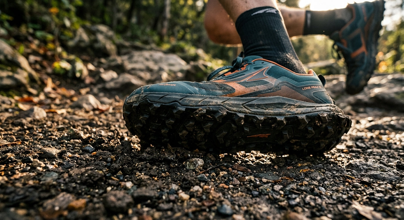 Close-up of the aggressive outsole pattern of the new Altra Lone Peak 10 for enhanced grip.