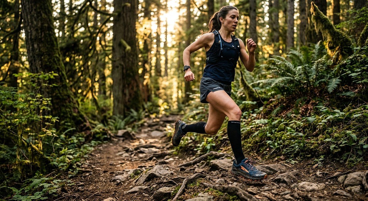 A runner wearing Altra Lone Peak 10 shoes in a forest environment showing the wide toe box design.