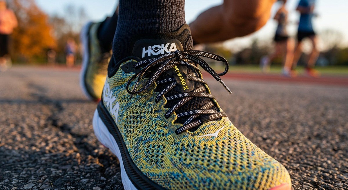Close-up of the breathable engineered knit upper and lacing system on the Hoka Skyward X 2 running shoe.