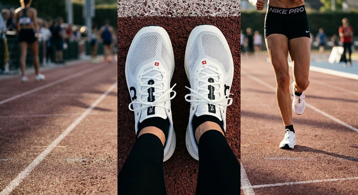 A top-down angle of the On Running Cloudboom Max highlighting the breathable mesh upper and lacing system.