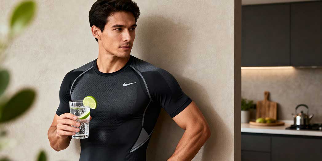 A full length photo of a lean male athlete holding a glass of sparkling water with lime as a healthy drink alternative.