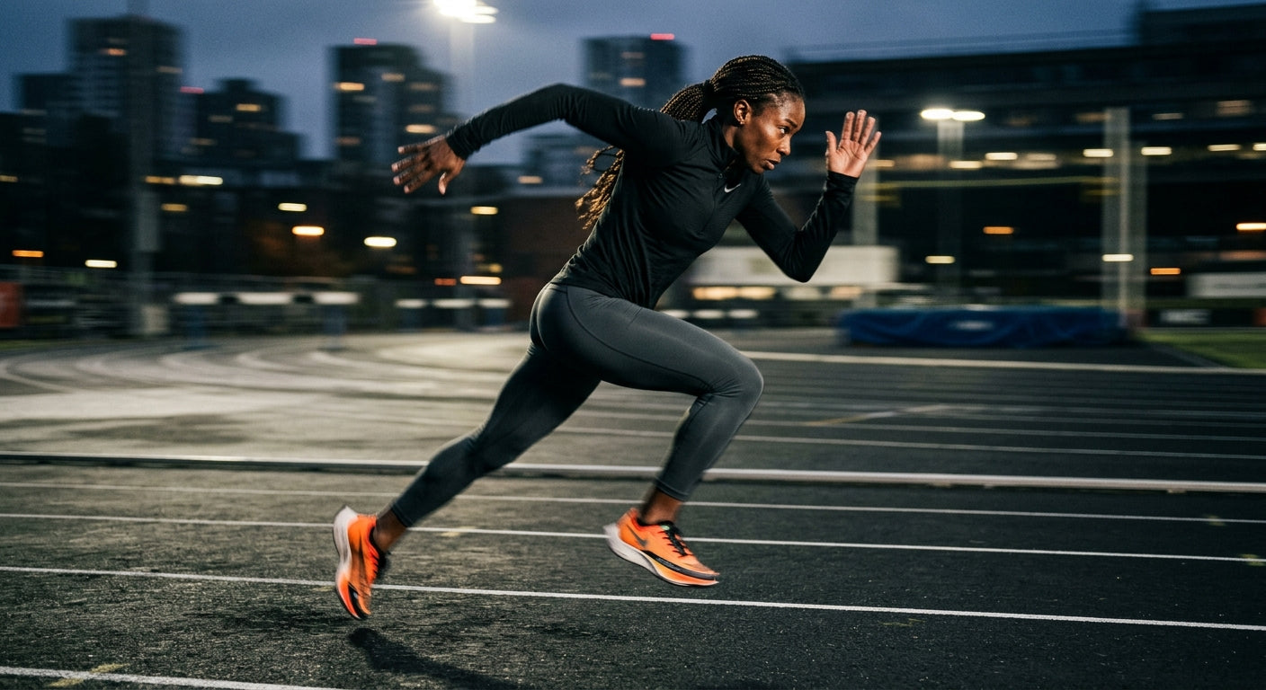 Low-angle action shot of an athlete in mid-stride, captured with motion blur to emphasise speed and precision engineering.