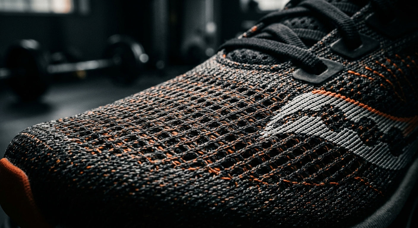 Macro close-up of advanced engineered mesh material on a performance running shoe with dramatic lighting.