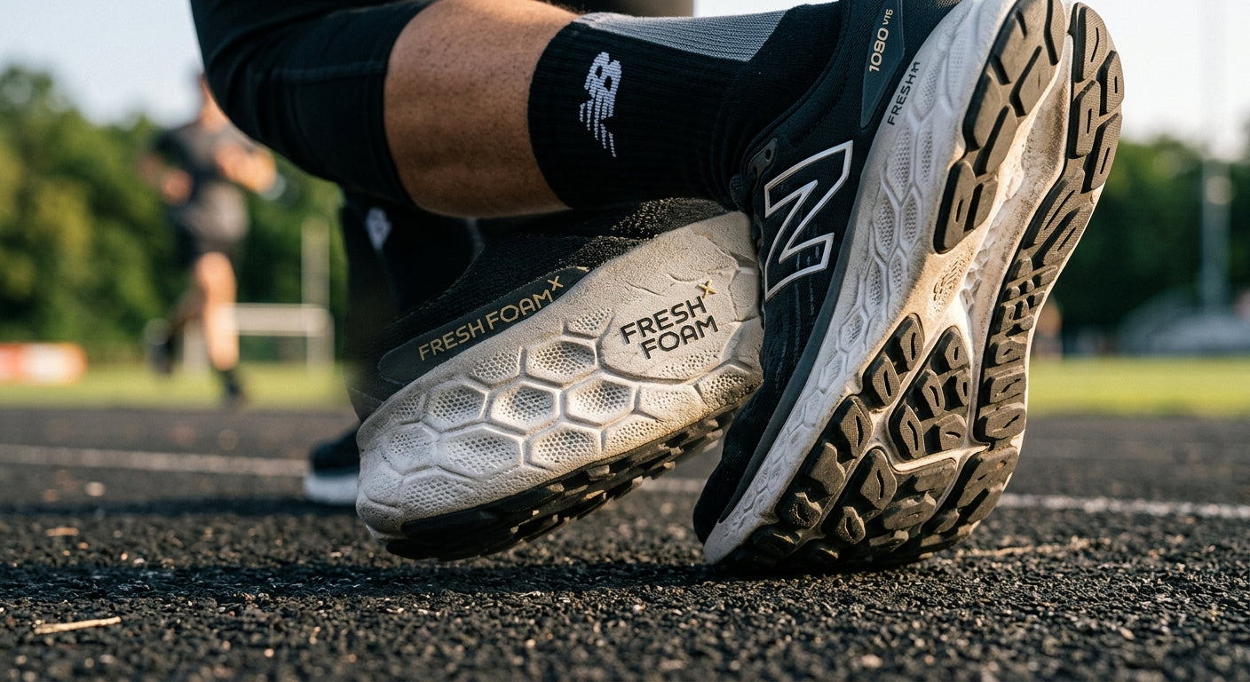 Macro close-up of the New Balance 1080 V16 midsole showing the texture of the Fresh Foam X and high-performance outsole lug pattern.