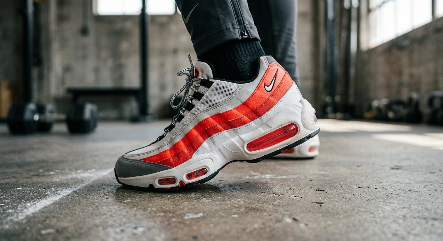 Macro close-up of the Nike Air Max 95 Big Bubble technology showing the texture of the midsole and the vibrant Solar Red colourway with fine details.