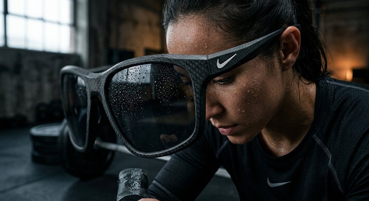 Macro close-up of the Nike Vision Blaze frame detailing the hydrophobic lens texture and carbon-infused material finish in a moody, cinematic environment.