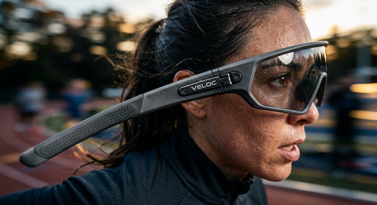 Macro close-up shot of technical sports eyewear frame materials showing realistic textures and high-speed motion blur background.