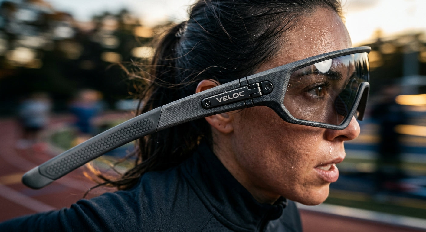 Macro close-up shot of technical sports eyewear frame materials showing realistic textures and high-speed motion blur background.