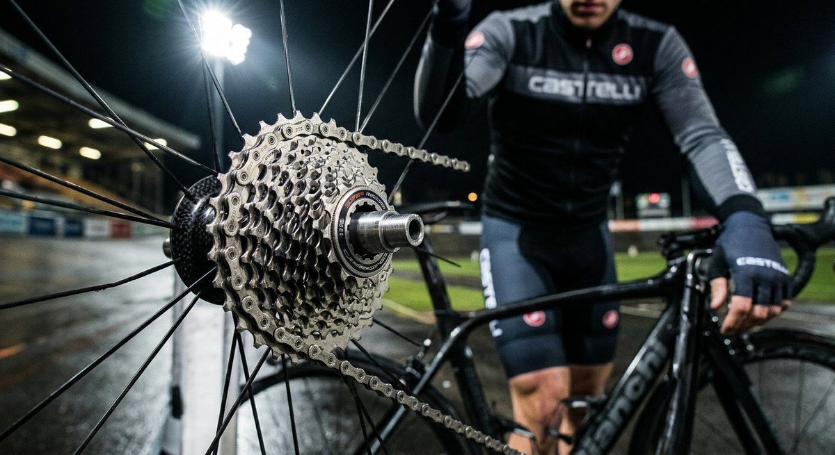 Macro detail of a high-end 13-speed bicycle cassette and chain, illuminated by sharp stadium lighting to emphasise engineering craftsmanship.