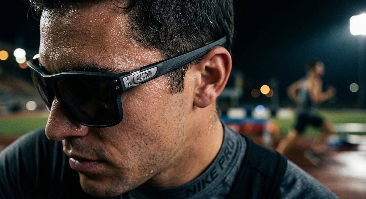 Macro detail of Oakley Meta HSTN temple and hinge mechanism showcasing the technical material texture and sleek aesthetic in a cinematic stadium light setting.