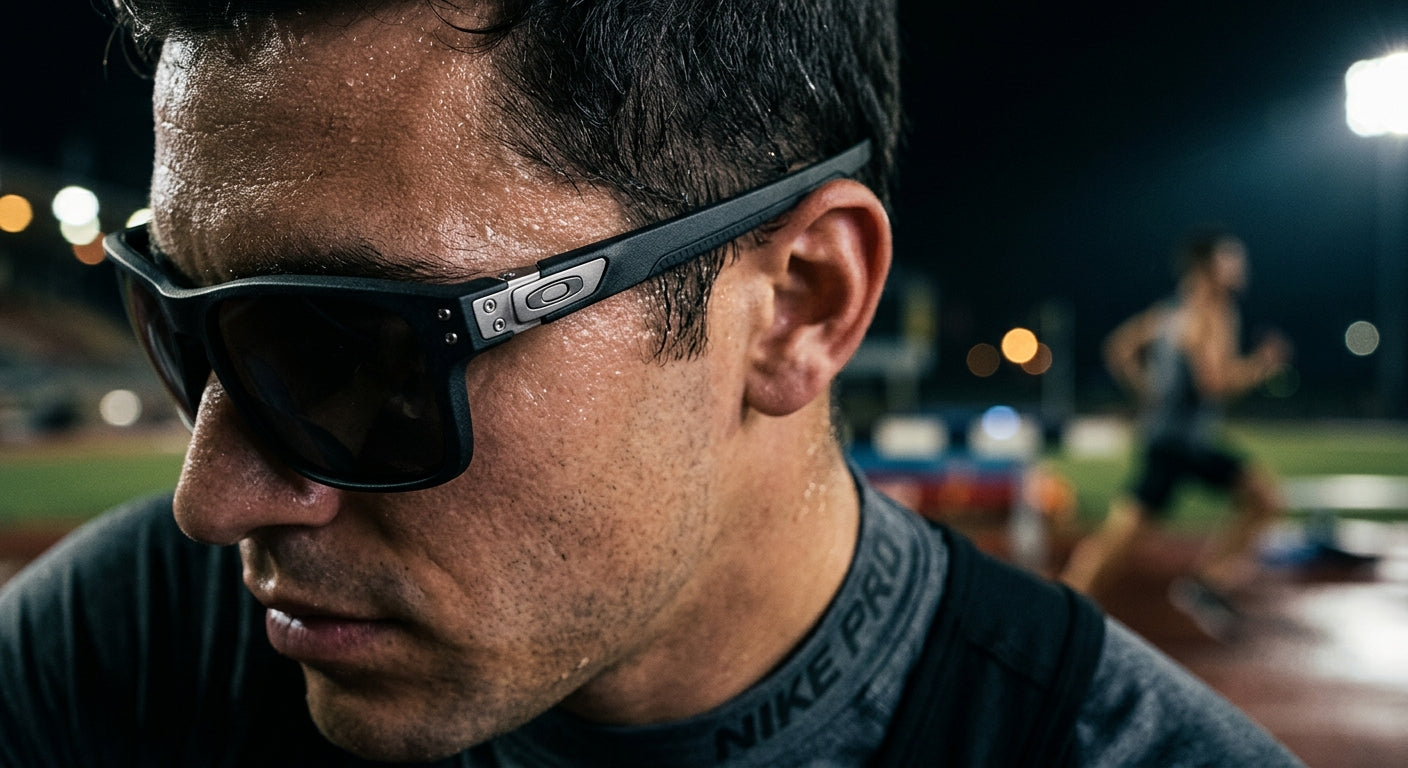 Macro detail of Oakley Meta HSTN temple and hinge mechanism showcasing the technical material texture and sleek aesthetic in a cinematic stadium light setting.
