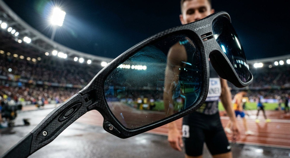 Macro detail of premium polarised lens texture on a high-performance frame with cinematic stadium lighting.
