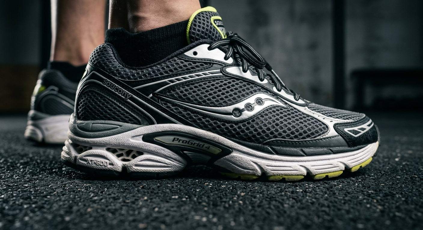 Macro detail of the ProGrid Triumph 4 midsole structure and breathable mesh upper under cinematic studio lighting.