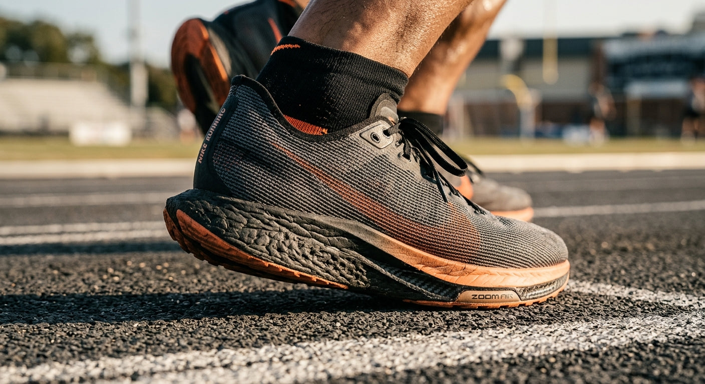 Macro detail photography of high-performance running footwear mesh uppers and midsole foam texture, emphasizing technical design and athletic durability.