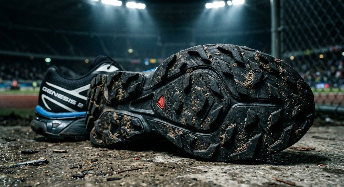 Macro detail photography of the Salomon Genesis 2 outsole, showcasing the aggressive lug geometry and durable rubber compound in a cinematic stadium light setup.