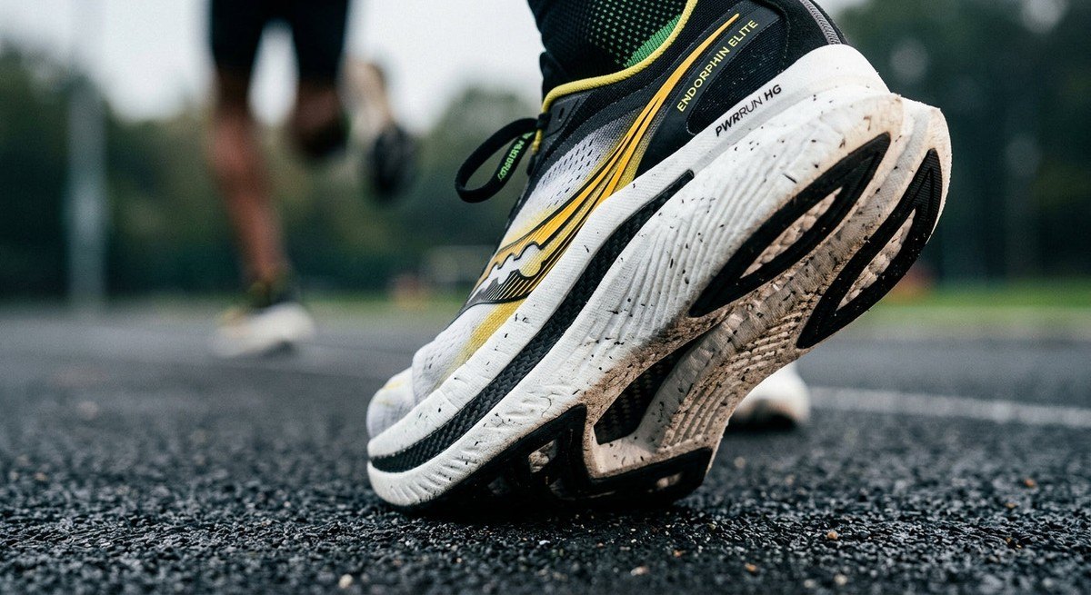 Macro detail photography showing the textured PWRRUN HG foam and carbon-fibre plate geometry of the Saucony Endorphin Elite 3.