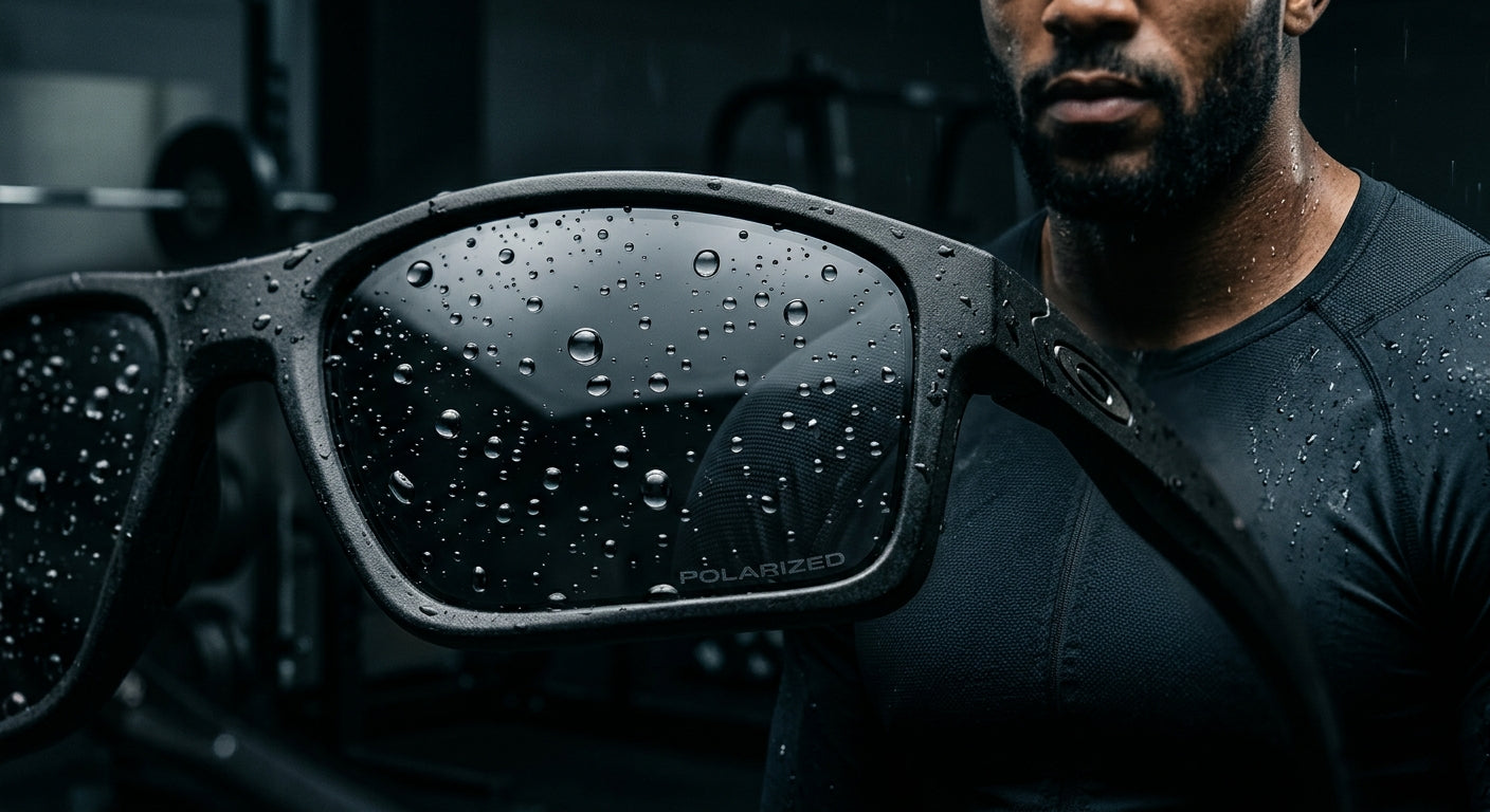 Macro detail shot of premium polarised lens technology with water droplets and realistic textures, set against a dark, moody athletic background.