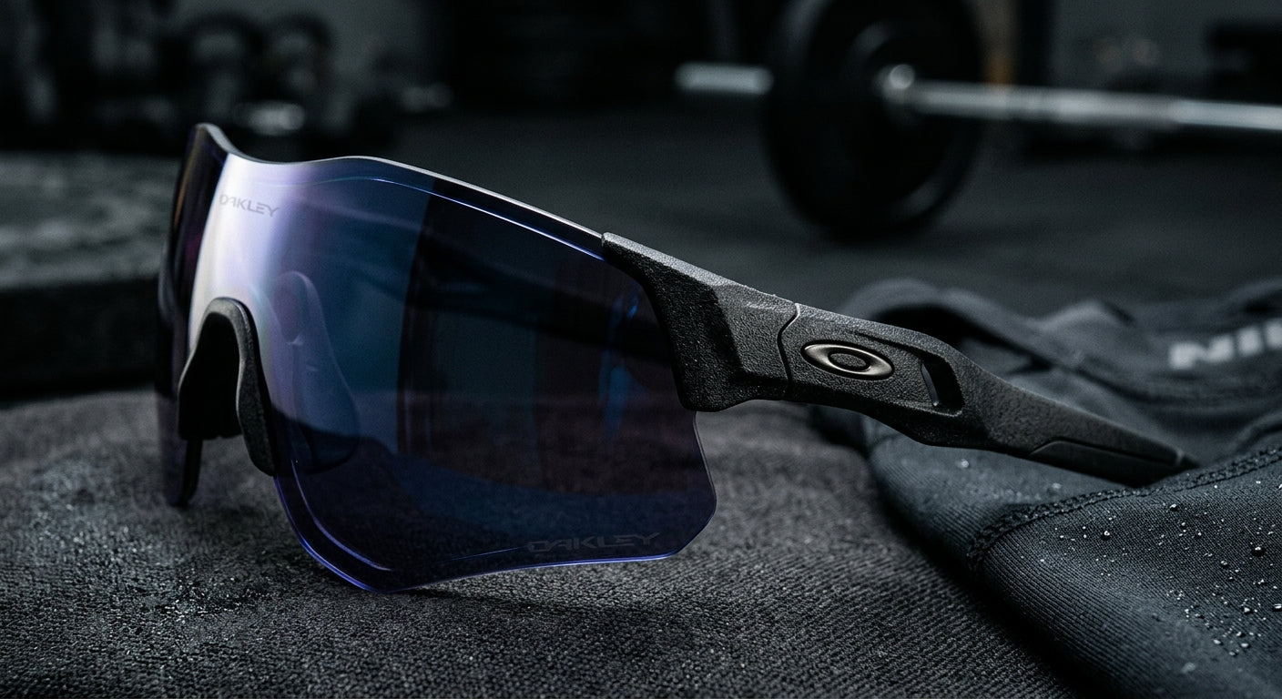 Macro detail shot of the aerodynamic lens curvature and textured frame material of the Oakley QNTM Kato in a moody, high-contrast studio setting.