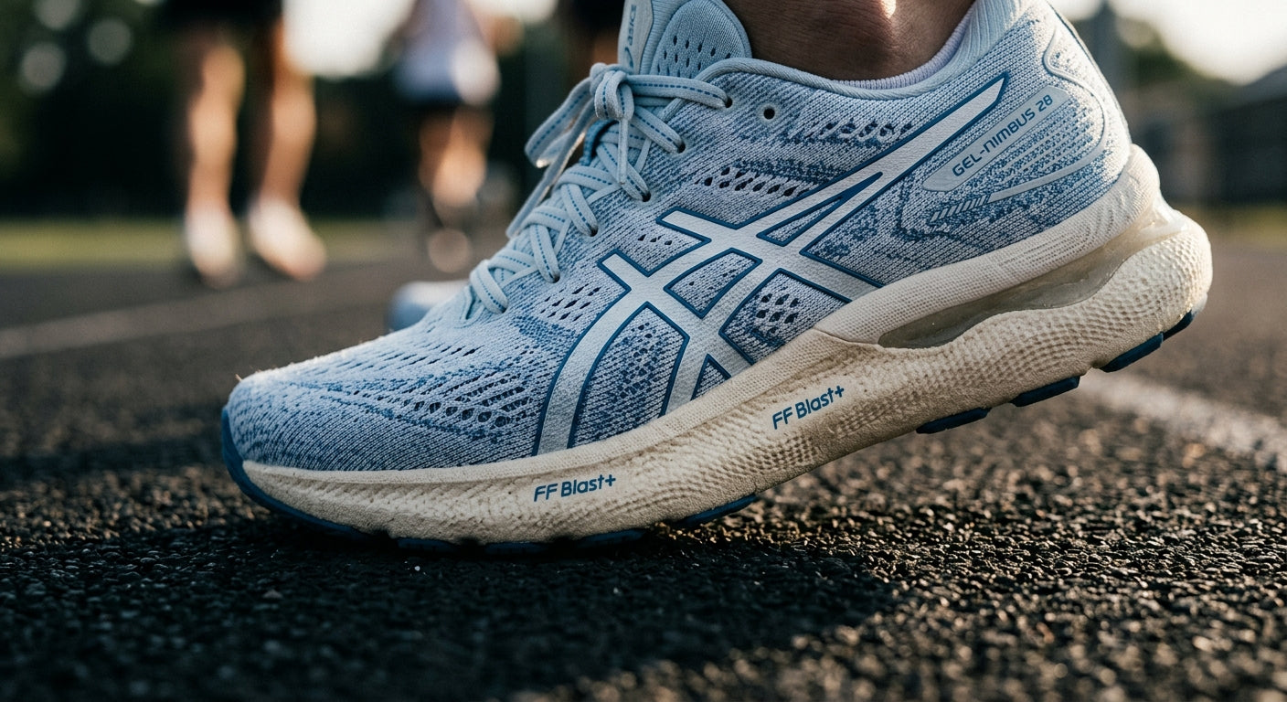 Macro detail shot of the engineered knit upper and bio-based foam midsole of the ASICS Gel-Nimbus 28 FP Movement.