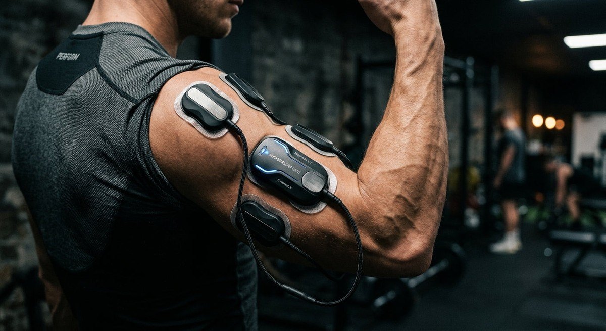 Macro photography of high-tech electrode pads applied to a muscular arm, highlighting the clean, modern engineering of recovery hardware in a dimly lit gym environment.