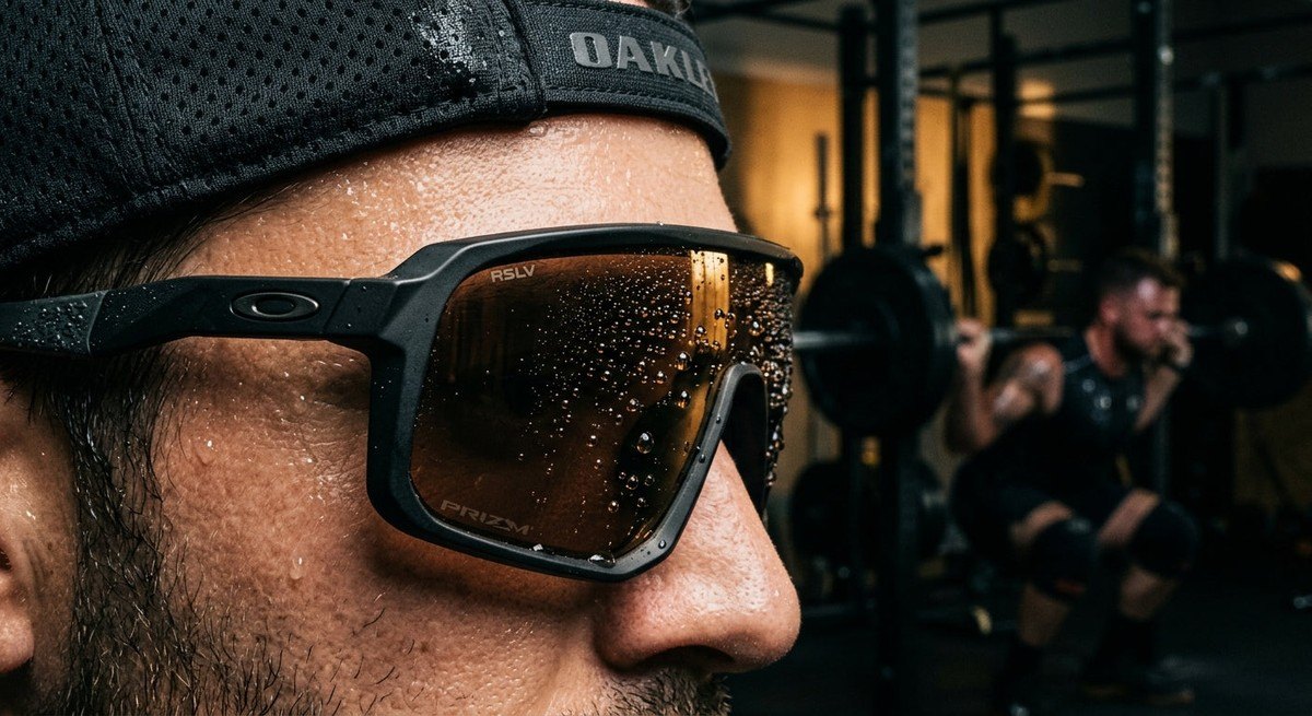 Macro photography of the Oakley RSLV 141 lens surface, showcasing the detailed hydrophobic coating and structural frame geometry against a moody, dark background.