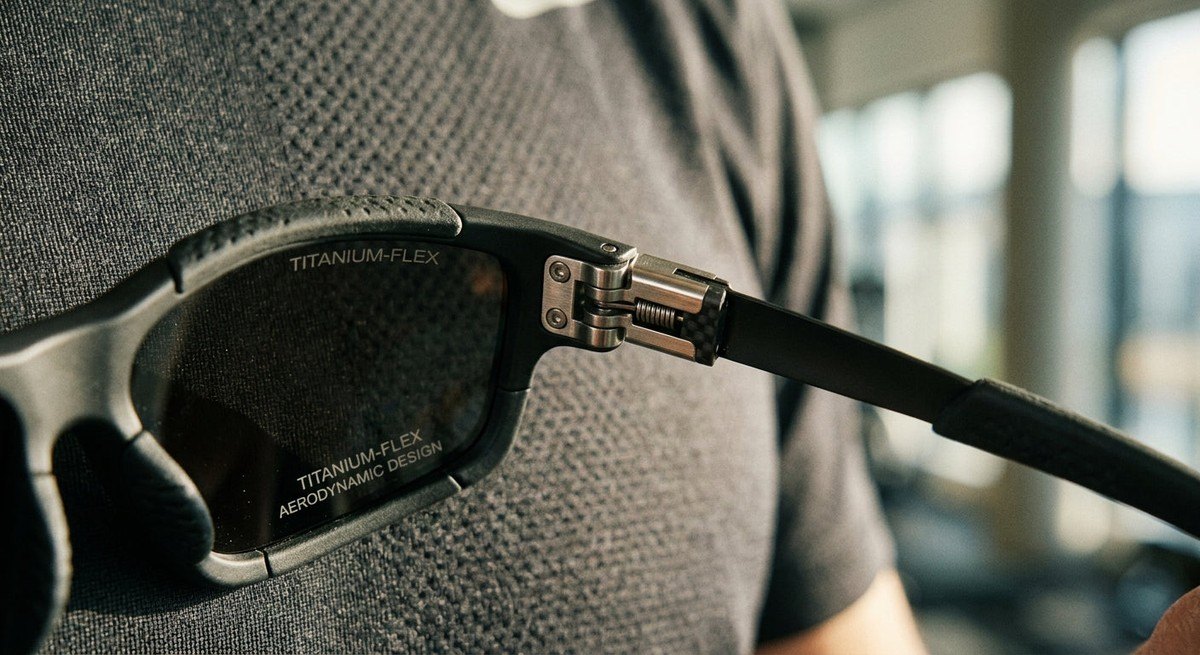 Macro shot of a flexible, lightweight sunglass frame hinge demonstrating material quality and technical engineering precision.