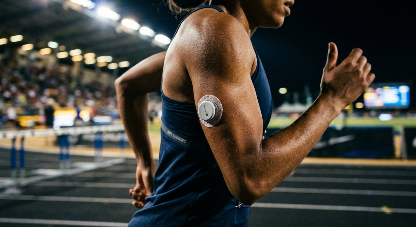 Macro shot of a high-tech continuous glucose monitor sensor applied to a runner's arm, illuminated by dramatic stadium lighting with motion blur in the background.