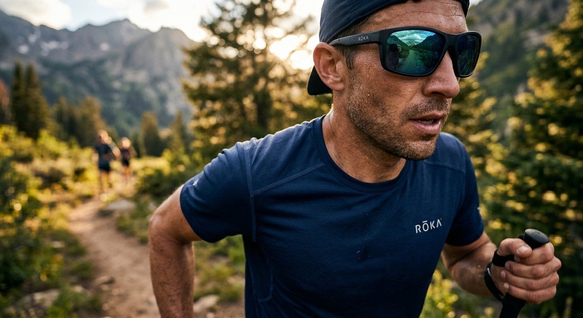 Macro shot of high-performance polarised lens coating on the new ROKA Barton 2.0 sports glasses.