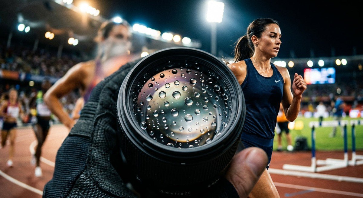 Macro shot of premium sports lens surface showing hydrophobic water-beading properties under dramatic, high-contrast stadium lighting.