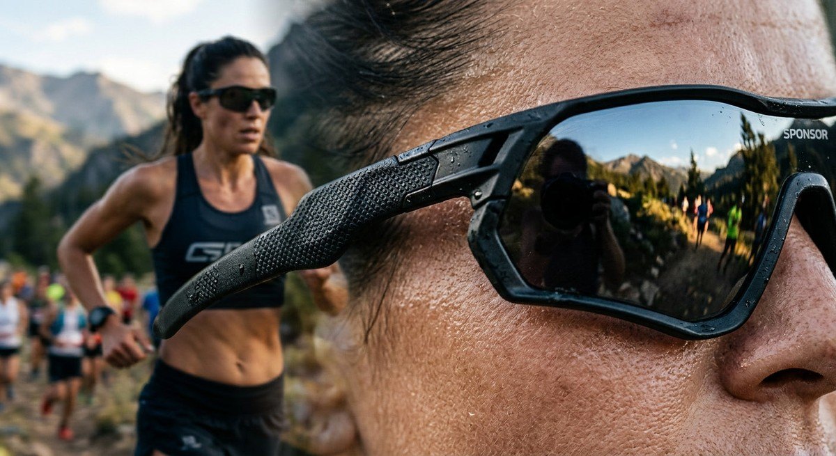 Macro shot of technical sports frame materials, highlighting the textured grip and high-contrast lens reflections.